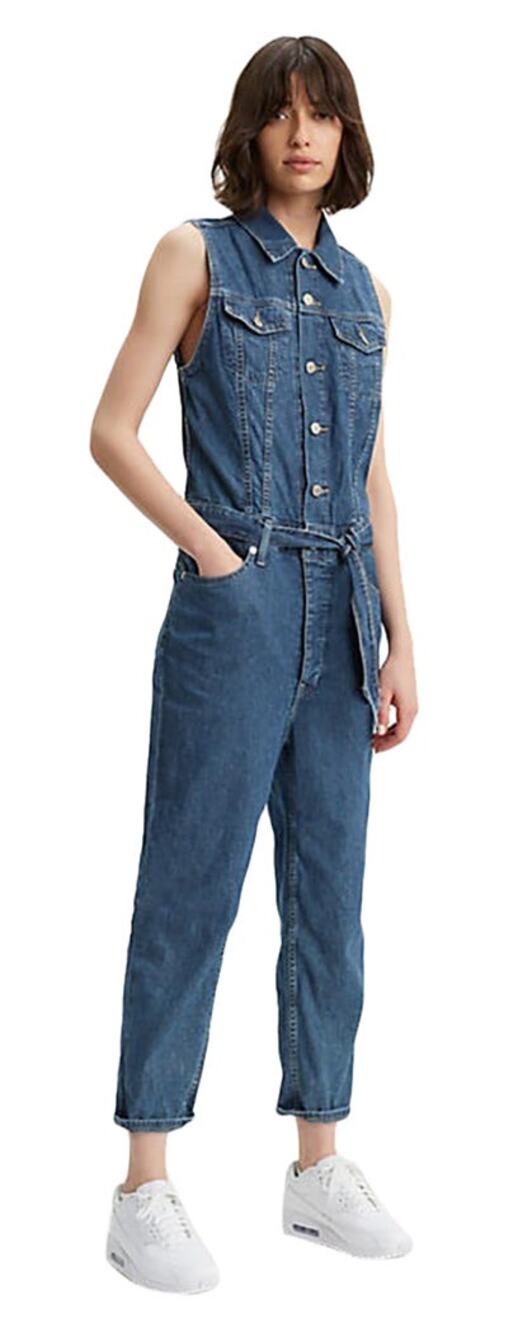 Levi’s Cropped Taper Jean Jumpsuit Denim Sleeveless Trucker Style Belted Size XS